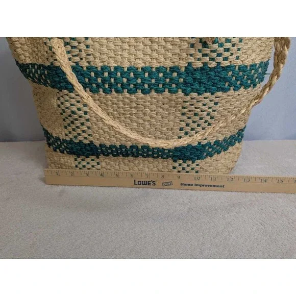 Woven Straw Tote Bag Teal Stripes Zipper Top Bohemian Beach Vacation Carryall - Picture 6 of 8